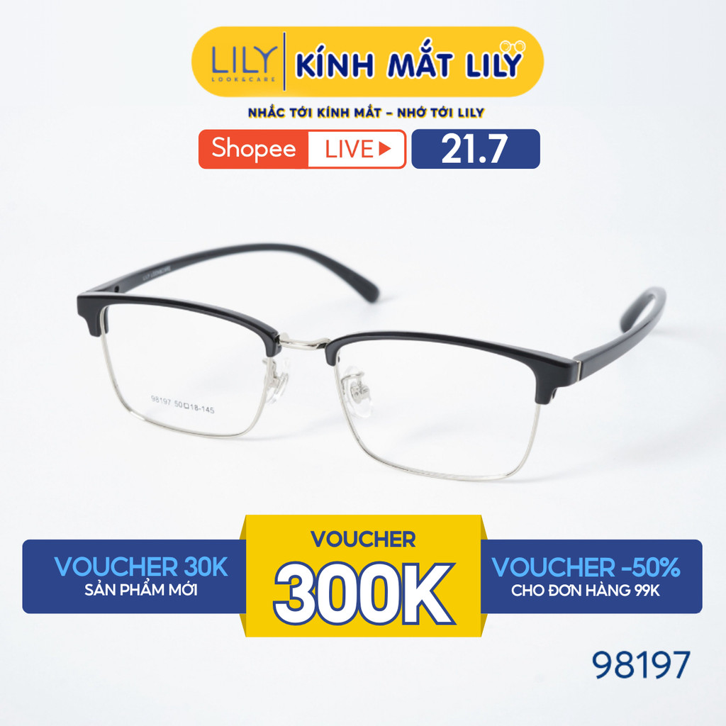 Gọng kính mắt chữ nhật nam nữ LILYEYEWEAR chất liệu nhựa phối càng kim loại cao cấp, kiểu dáng hiện đại thời trang 98197