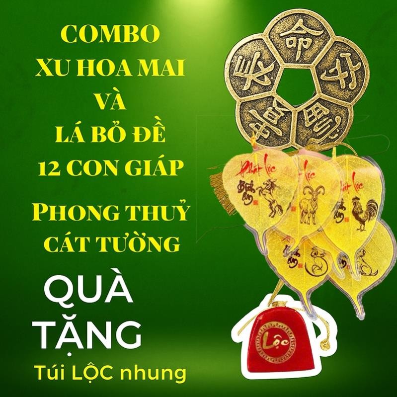 (Tặng Túi Lộc) Combo Lá Bồ Đề 12 Con Giáp Và Đồng Xu Hoa Mai 5,5cm