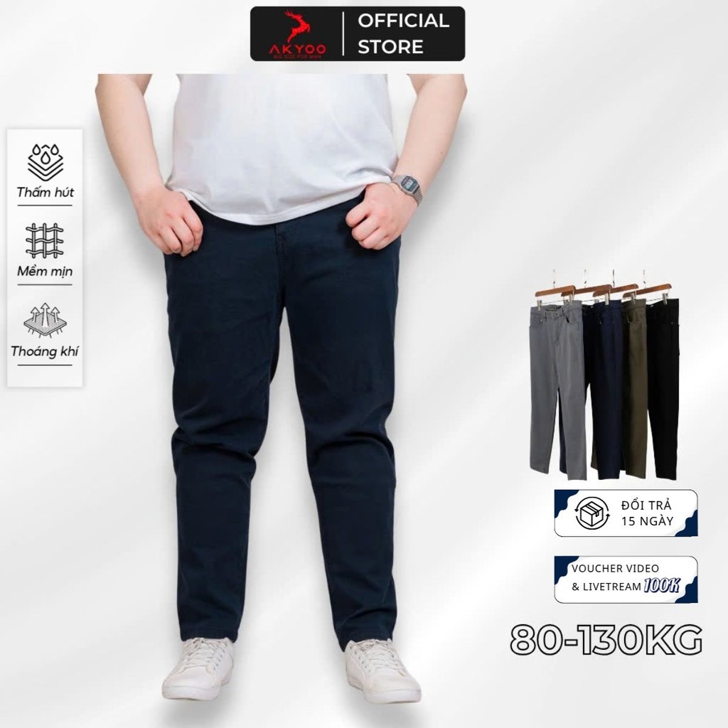 Quần Kaki Bigsize Nam 80-140kg AKYOO Chất Liệu Cotton Co Giãn, Bigsize Nam - KAKI