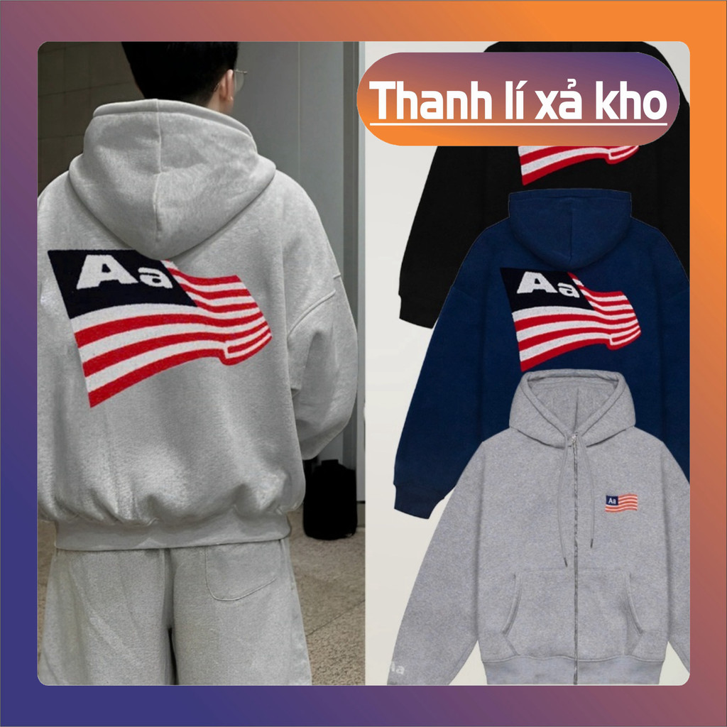 Áo Khoác Hoodie Zip Aastu Thêu Cờ Mỹ Form Rộng Boxy Chất Liệu Nỉ Chân Cua Thêu Xù Hình Cờ Đang Hot T