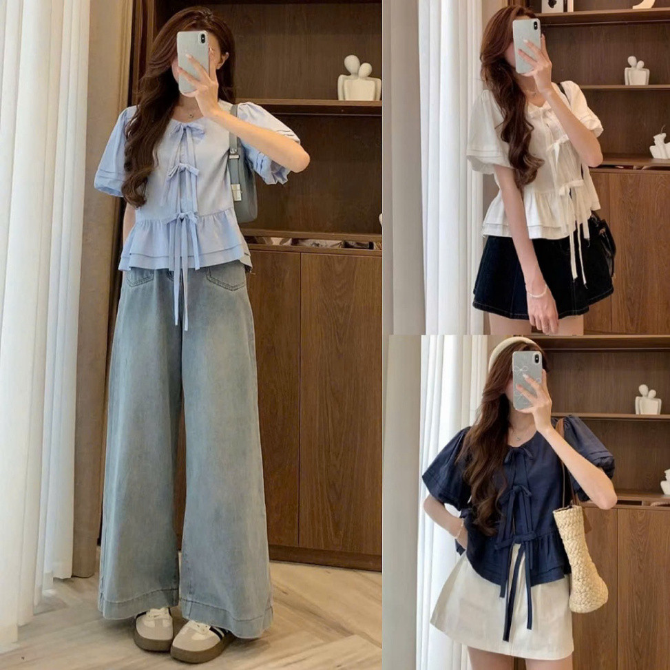 Áo sơ mi nữ, Áo sơ mi cổ tròn tay bồng dáng babydoll phối 3 nơ nẹp ngực dễ thương HEI STORE MA3063