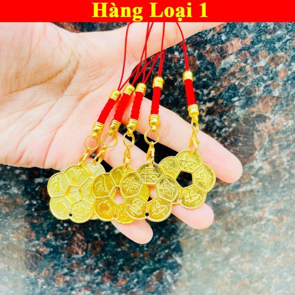 [đã xiin lộc] Đồng Xu Màu Cổ Hoa Mai 5 Cánh kèm Dây Treo May Mắn, size nhỏ 3cm, Rước Tài Lộc