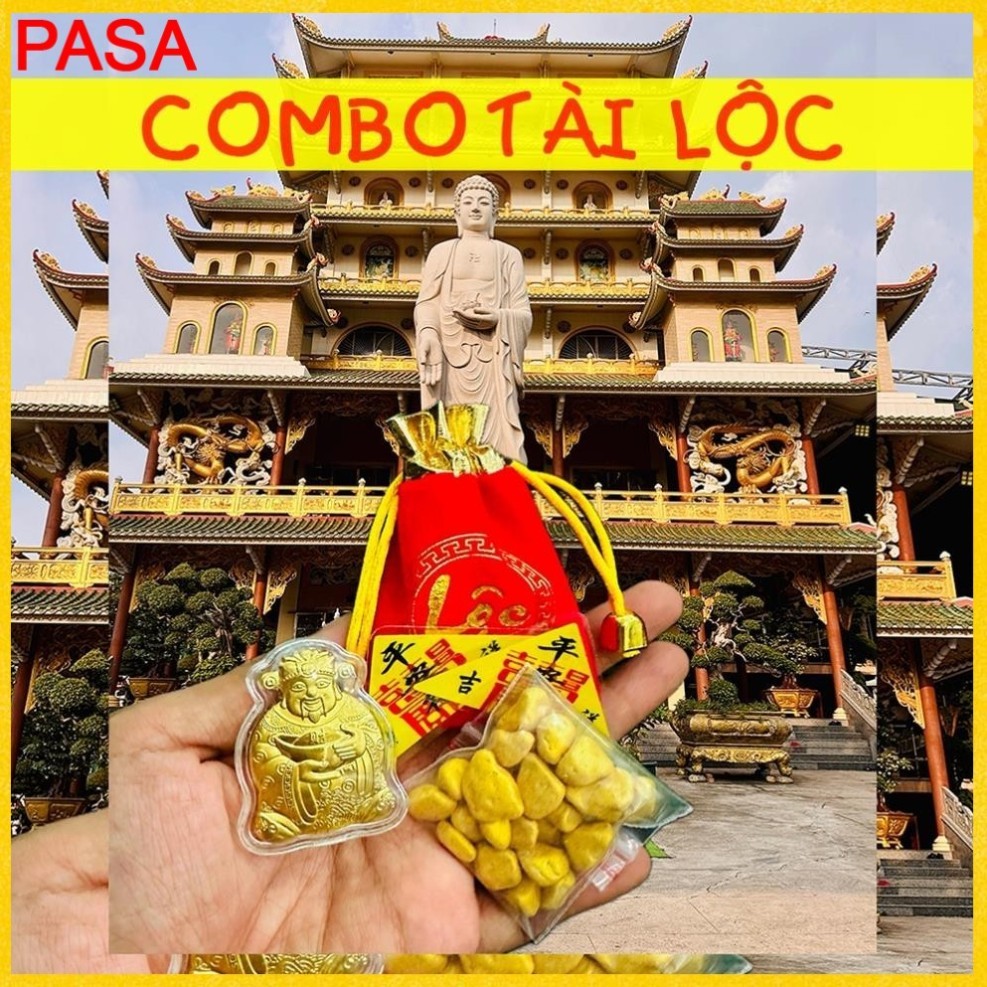 Combo TÀI LỘC Rước Lộc Vía Thần Tài gồm 4 món : Miếng vàng Vía Thần + Túi vàng + 2 Phù Binh` An [Pho