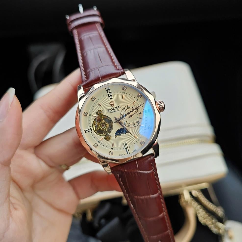 Đồng Hồ Rolexx Nam Chạy Cơ Lộ Tim Máy N015 Dây Da Chống Nước Biểu Tượng Sun And Moon