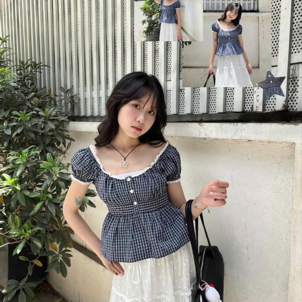 (Hàng QC)  Áo kiểu nữ dáng babydoll viền ren cúc hoa xinh caro, áo babydoll xinh Luna Vintage