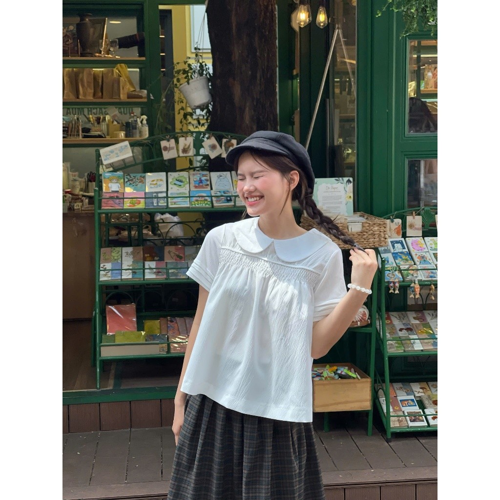 (Hàng QC) A376 Áo babydoll trắng cổ sen tiểu thư, áo kiểu nữ Hàn Quốc Luna Vintage