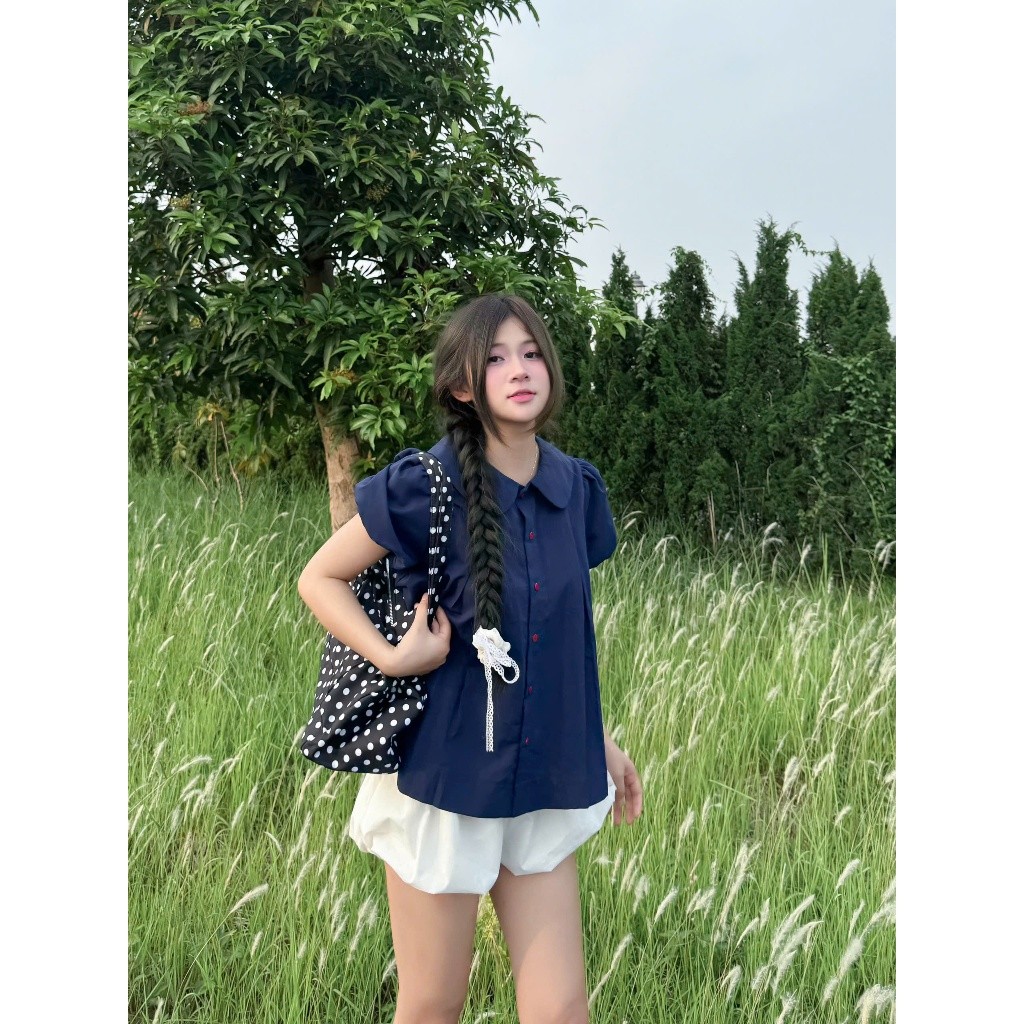 (Hàng QC) A377 Áo babydoll cúc màu tay phồng tiểu thư, áo kiểu nữ Hàn Quốc Luna Vintage