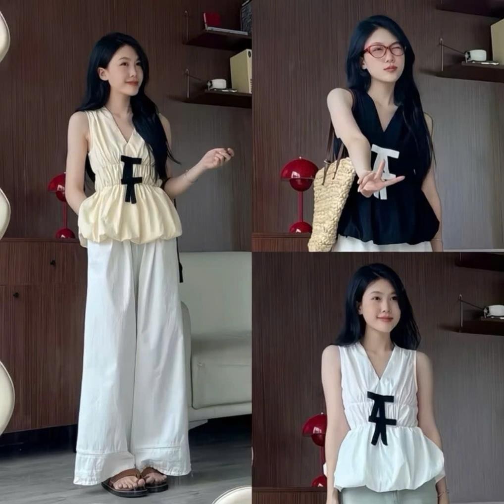 (Hàng QC) A374 Áo cổ v mix nơ dáng bí xòe bồng tiểu thư, áo kiểu nữ Hàn Quốc Luna Vintage