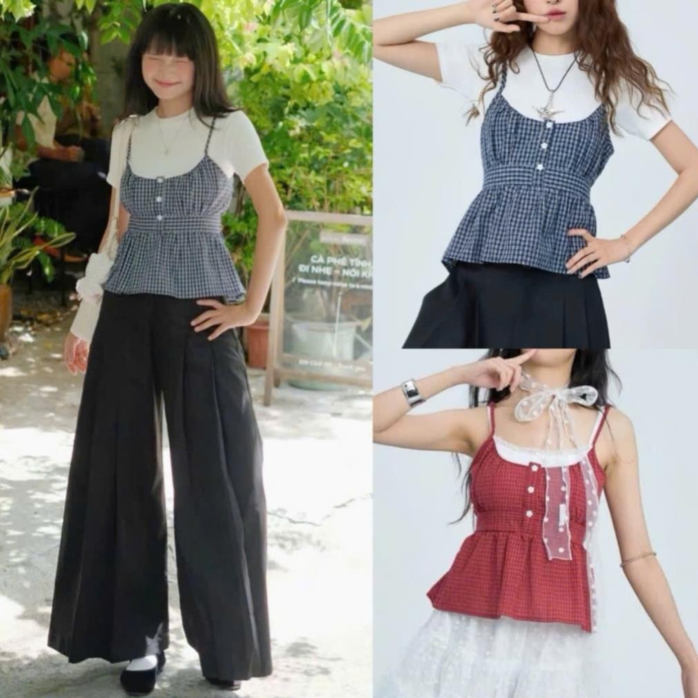 (Hàng QC) A373 SET Áo babydoll mix áo phông caro cúc hoa tiểu thư, áo kiểu nữ Hàn Quốc Luna Vintage