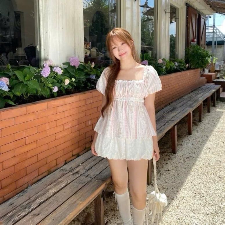 (Hàng QC) A375 Áo babydoll kẻ hồng viền ren tiểu thư tay bồng, áo kiểu nữ Hàn Quốc Luna Vintage