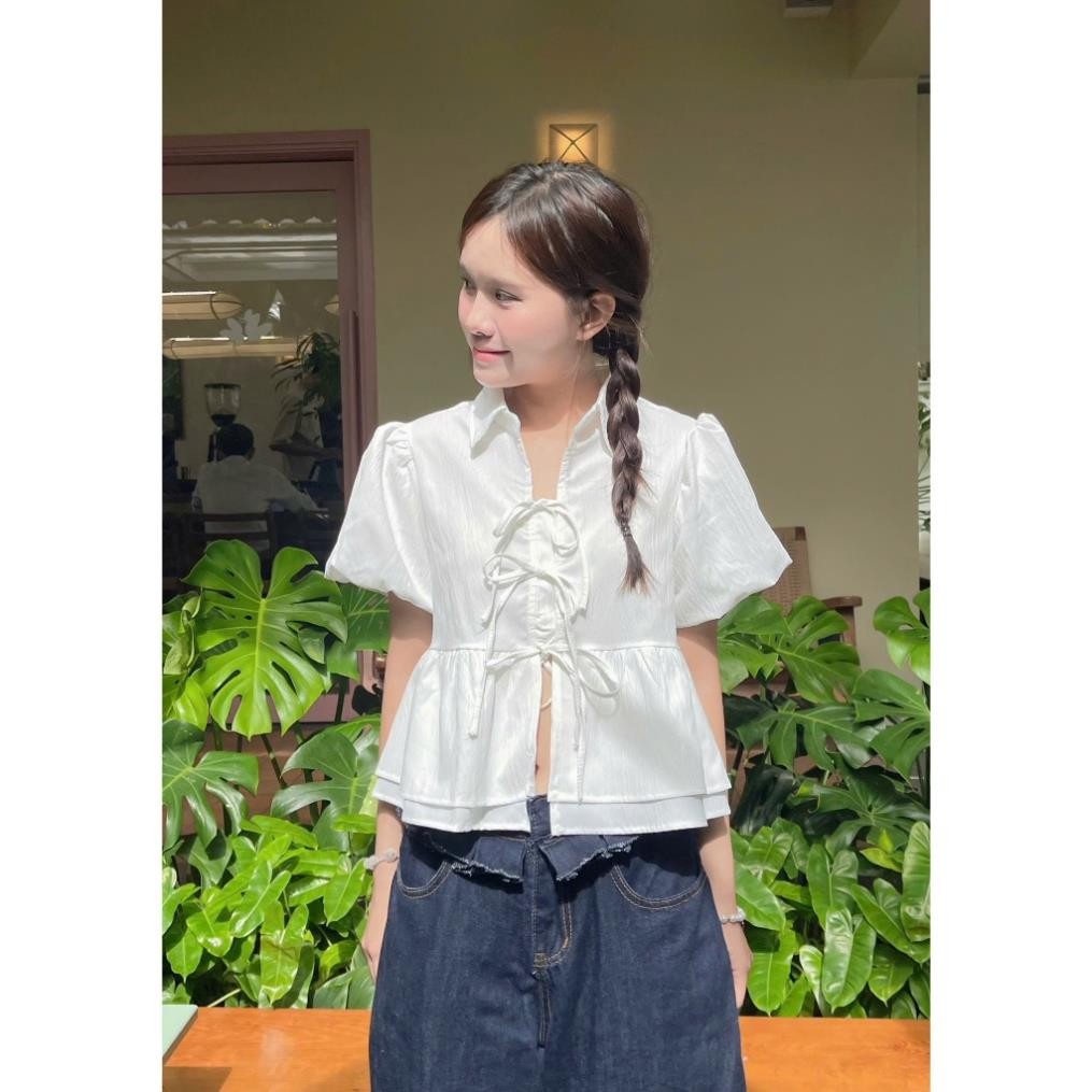 (Hàng QC) A383 Áo babydoll tay phồng 2 tầng buộc dây viền ren tiểu thư, áo kiểu nữ Hàn Quốc Luna Vintage