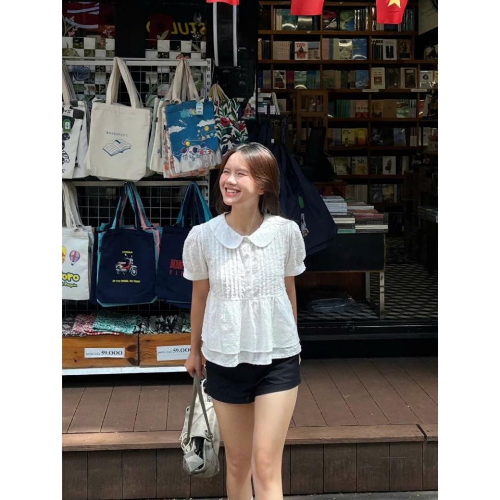 (Hàng QC)  Áo babydoll cúc bọc cổ sen 2 tầng tiểu thư, áo kiểu nữ Hàn Quốc A378 Luna Vintage