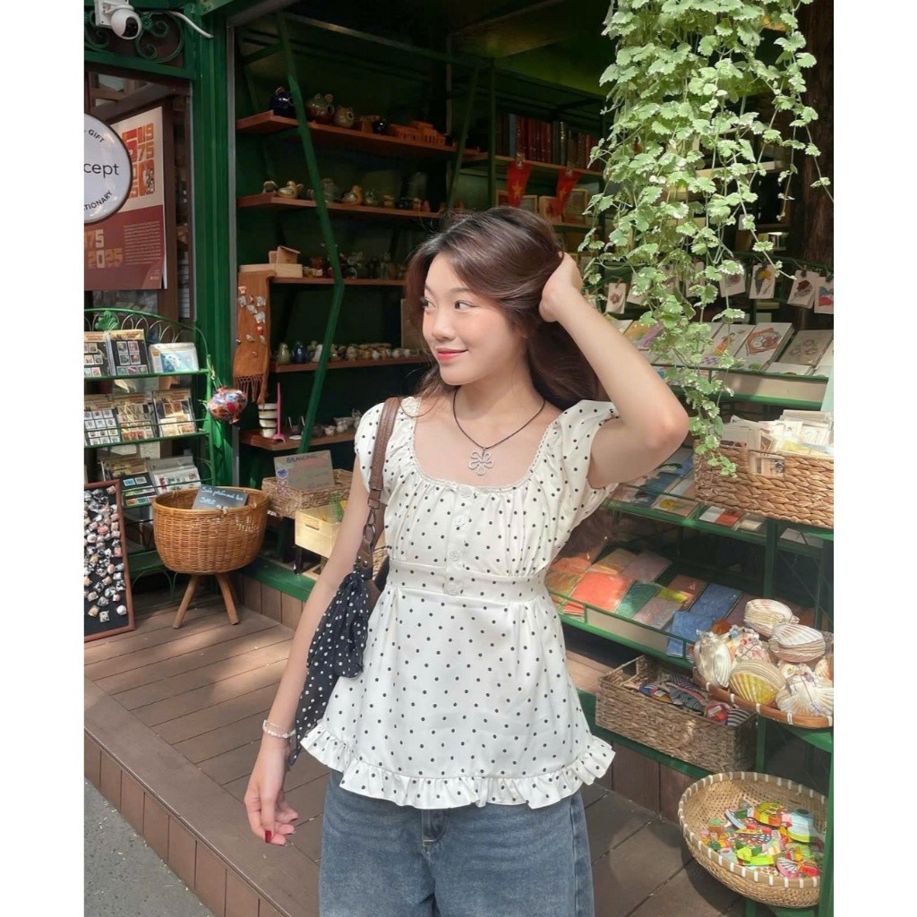 (Hàng QC) Áo chấm bi ren bèo tiểu thư tiểu thư siêu xinh, áo kiểu đi biển, du lịch siêu hót A369 Luna Vintage