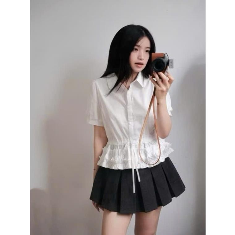 (Hàng QC)  Áo sơ mi nhún bèo rút eo xinh chất đũi mềm mát, áo kiểu nữ Hàn Quốc A363 Luna Vintage