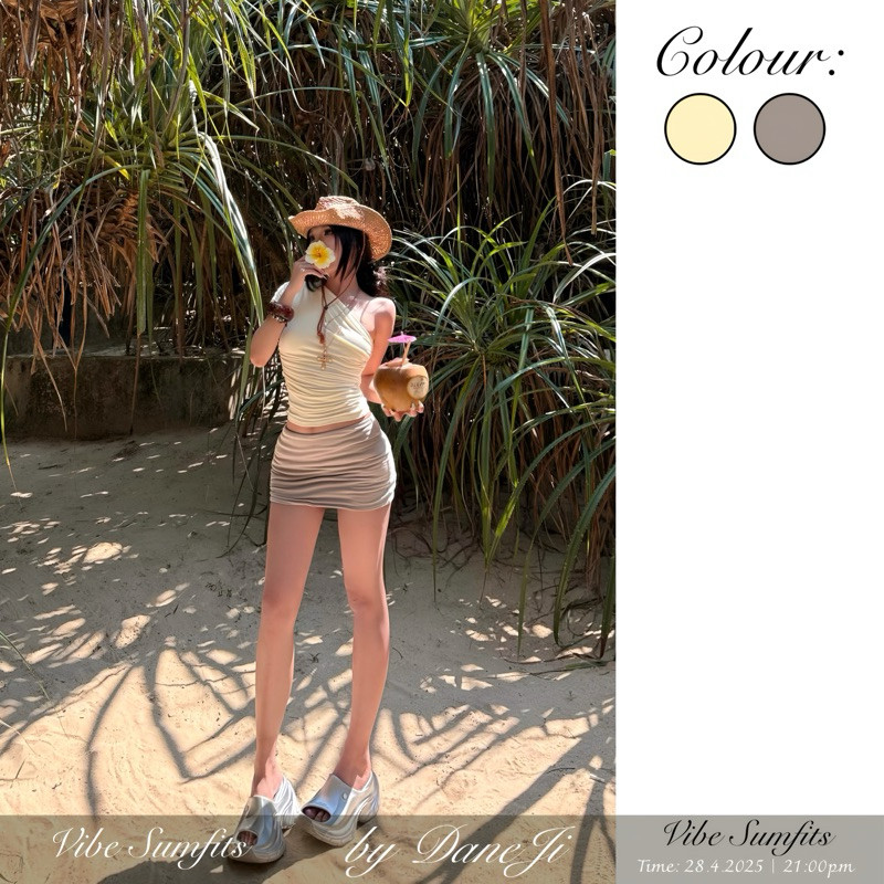 [ 𝐕𝐈𝐁𝐄 𝐒𝐔𝐌𝐅𝐈𝐓𝐒 ] Set áo thun lệch vai Slimfit DANEJI nhún eo - Chân váy mini skirt Sữa hạt xám pastel | BigBuy360 - bigbuy360.vn