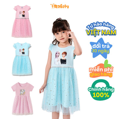   Đầm thun voan kim tuyến tay ngắn Elsa & Anna Disney, Pony bé gái Rabity 5703