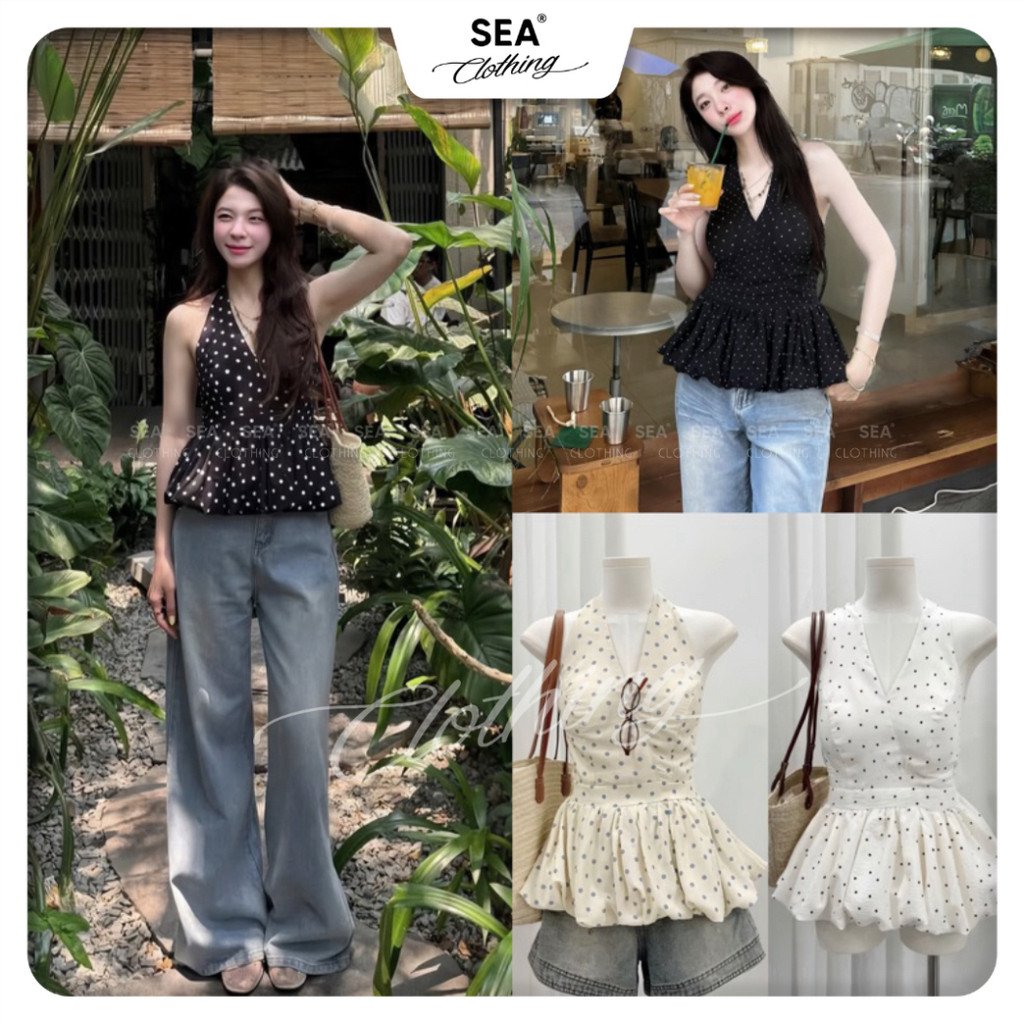 [ SEA - SẴN HÀNG L1 CÓ SẴN ĐỆM MÚT XỊN ] Áo cổ yếm hoạ tiết chấm bi dáng bí hở lưng chun sau DOTTIE 