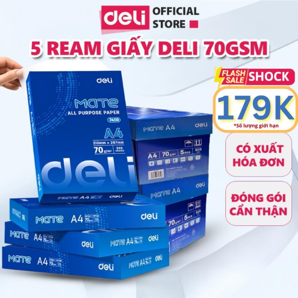 [TRỢ GIÁ 51K] Combo 5 Ream Giấy In Giấy A4 70 gsm - Giấy Photo Copy Deli Chính Hãng Loại 500 tờ/ream