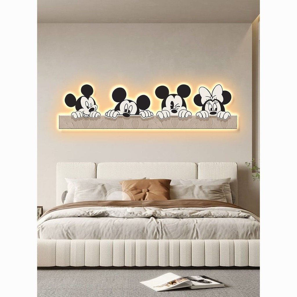led Tranh trang trí phòng trẻ em phát sáng cho bé trai bé gái, tranh hoạt hình Mickey treo cạnh giườ