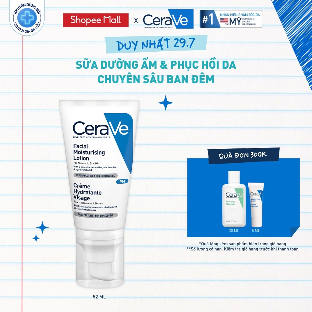 Sữa dưỡng ẩm và phục hồi chuyên sâu CeraVe PM Facial Moisturising Lotion 52ml