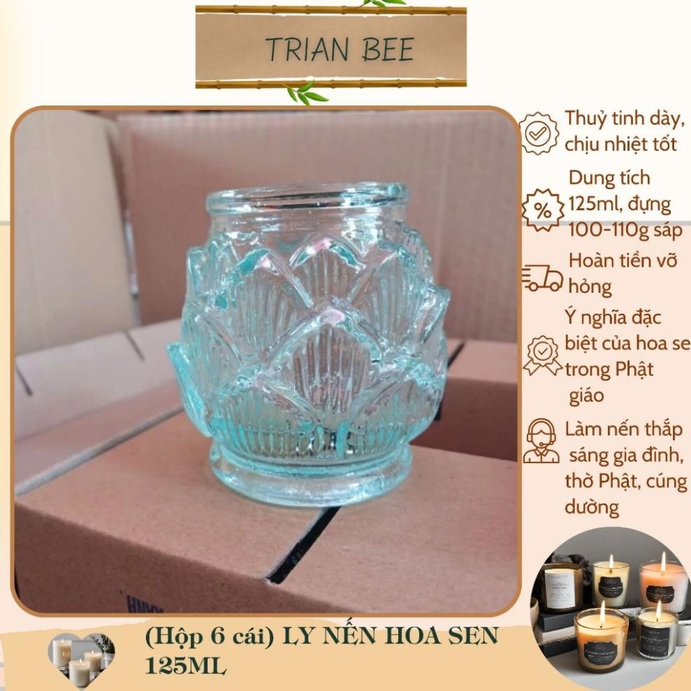 (Ly rỗng) Hộp 6 ly thủy tinh đựng nến hình hoa sen 125ml, thủy tinh dày, chịu nhiệt tốt