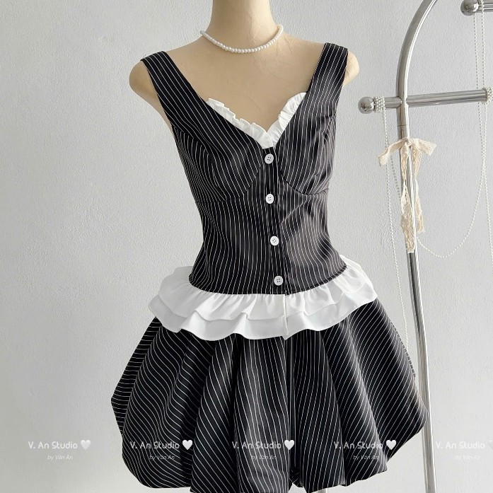 set đồ nữ chất,set áo gile kẻ phối ren mix chân váy bí C236 quynhnhi(z2)