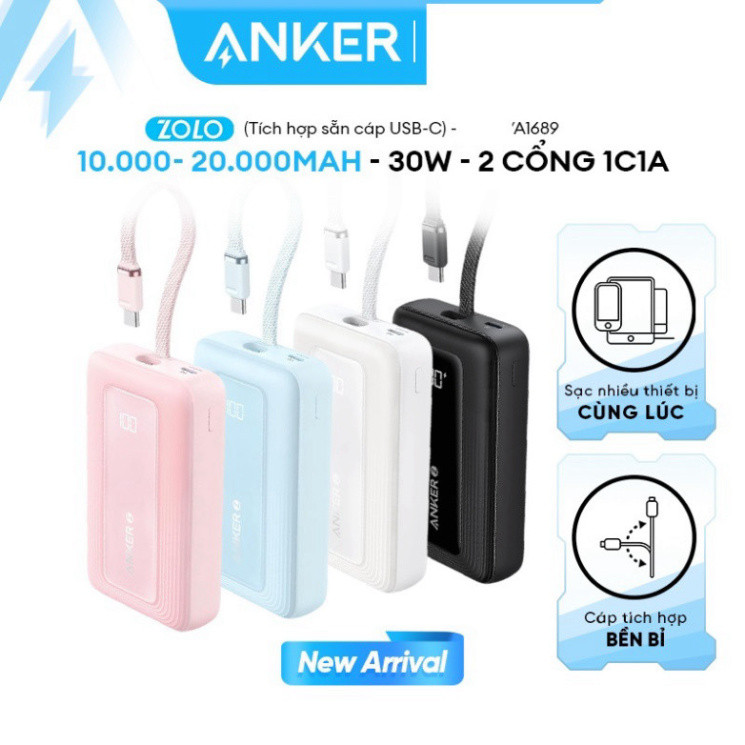 Sạc tích điện,trữ điện, dự phòng  Pin Dự Phòng Anker Zolo 30W dung lượng 20000mAh - A1689 Sạc Nhanh,
