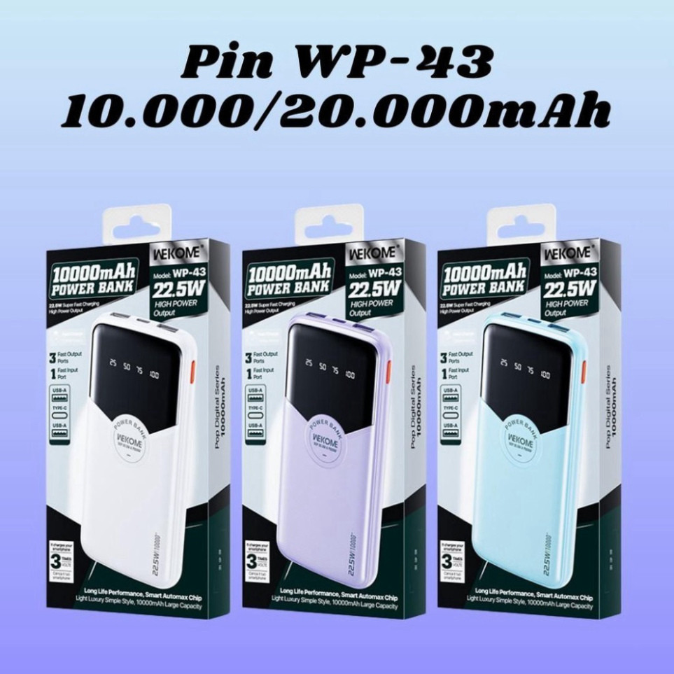 Sạc tích điện,trữ điện, dự phòng WEKOME WP-43, dung lượng 10.000mAh/, hỗ trợ sạc nhanh, màu sắc đa d