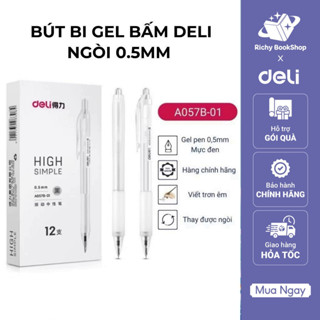 Bút bi gel, Bút bi bấm mực màu đen Deli A507B vỏ trong suốt ngòi 0.5mm