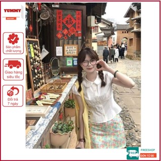 Áo sơ mi nữ cổ sen Yummy tay bồng, Áo sơ mi trắng dáng ngắn phong cách dễ thương S44