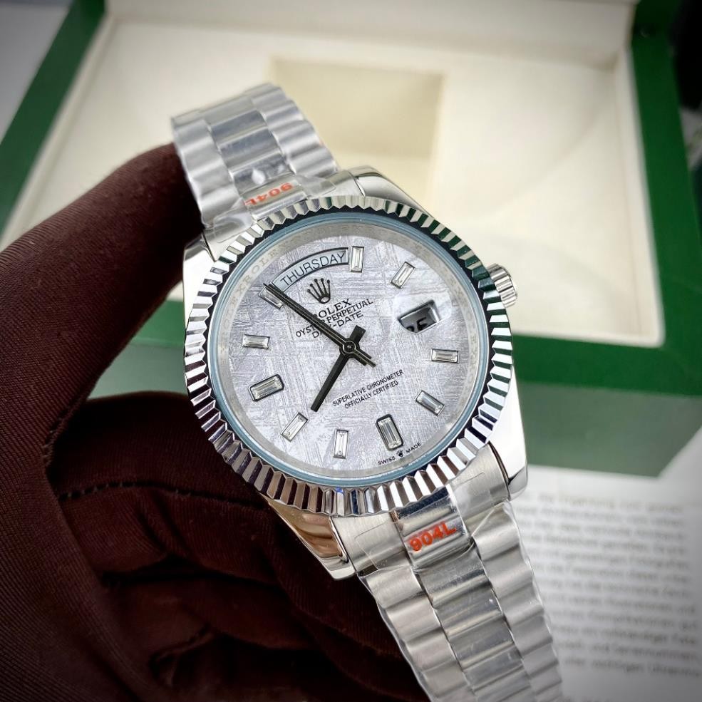 Đồng hồ Nam Rolex mẫu classic mặt vân xám viền trắng dây thép máy Automatic size 39mm-40mm
