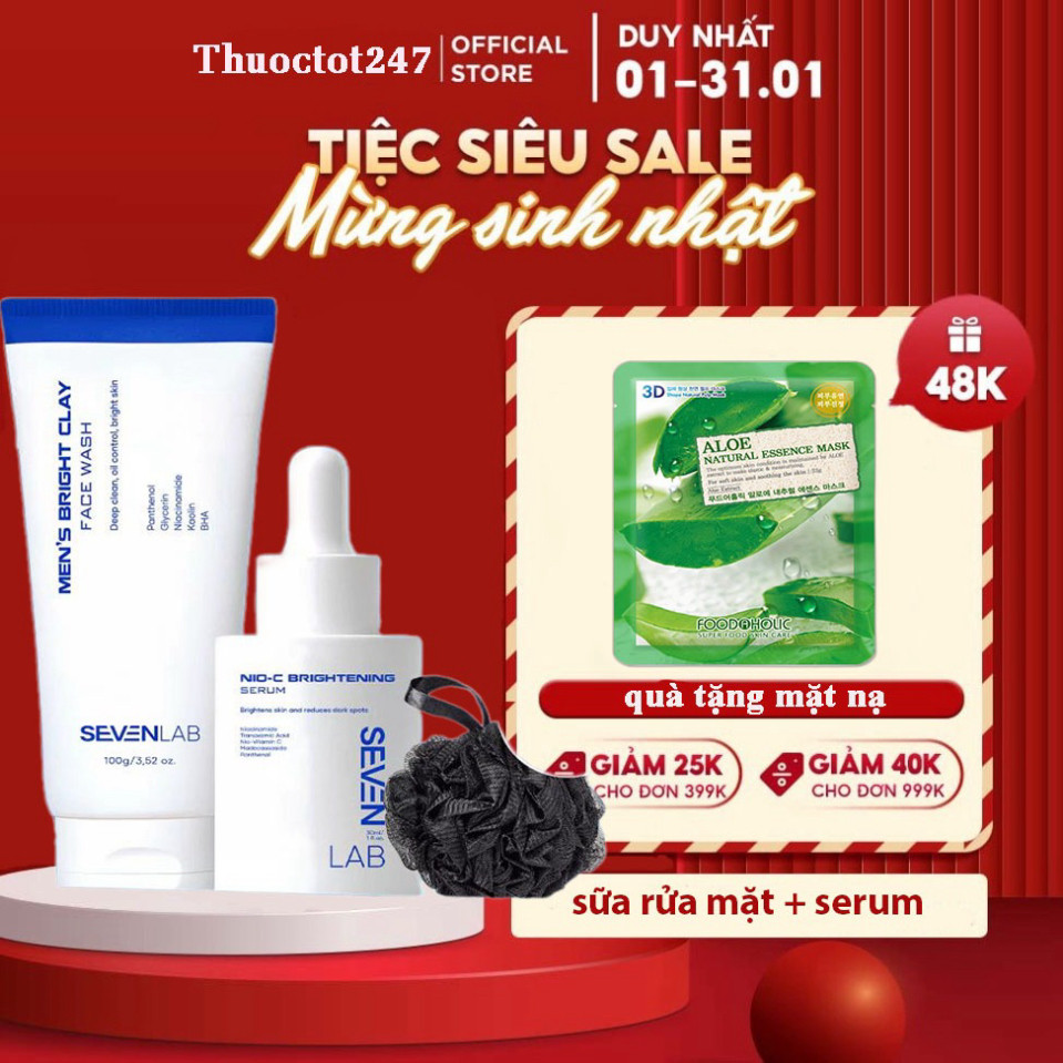 Combo serum hỗ trợ dưỡng trắng da và sữa rửa mặt giúp ngừa mụn nam giới SEVENLAB kiểm soát dầu, mờ t