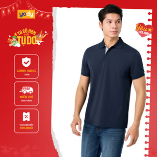  [SALE ĐG] Áo polo nam Yody phối nẹp hoa tiết kẻ dệt mắt chim mềm mại thoải mái APM7453