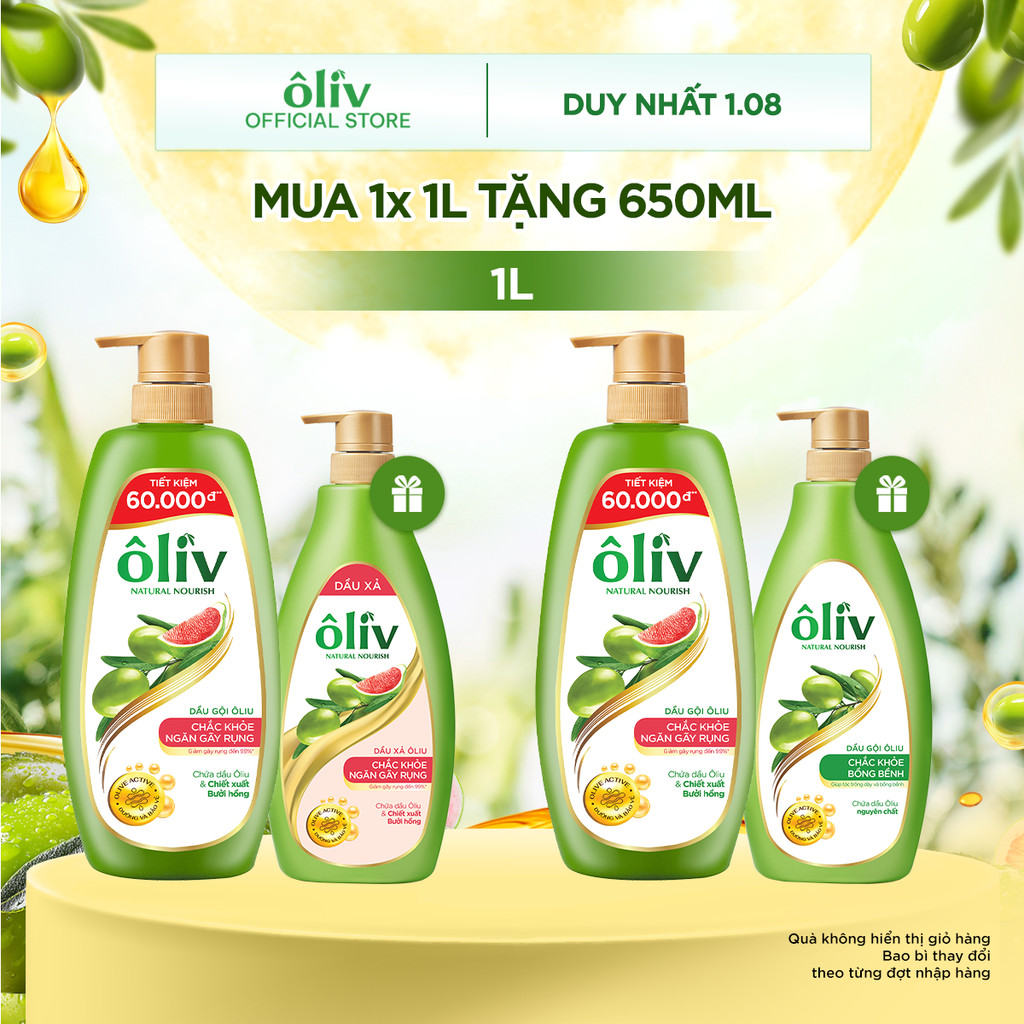Dầu Gội Ôliv Dưỡng Tóc Chắc Khỏe Ngăn Gãy Rụng/Bồng Bềnh 1L + Tặng Dầu Xả Ôliv 650ML