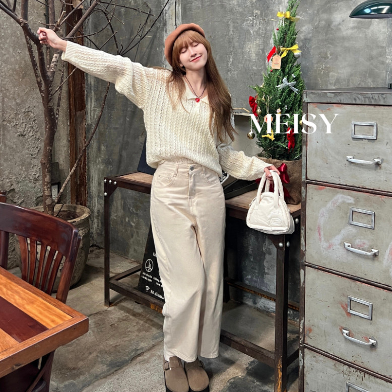 Quần jean bò ống baggy nữ lưng cao ống suông chất denim Meisy