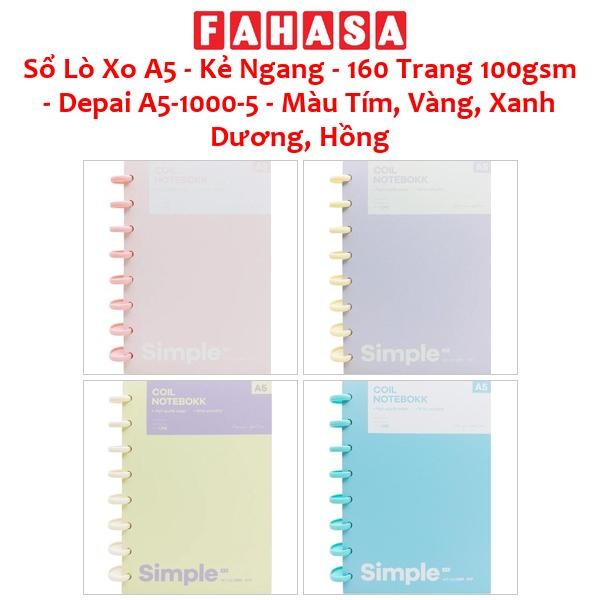 Sổ Lò Xo A5 - Kẻ Ngang - 160 Trang 100gsm - Depai A5-1000-5 - Màu Tím, Vàng, Xanh Dương, Hồng