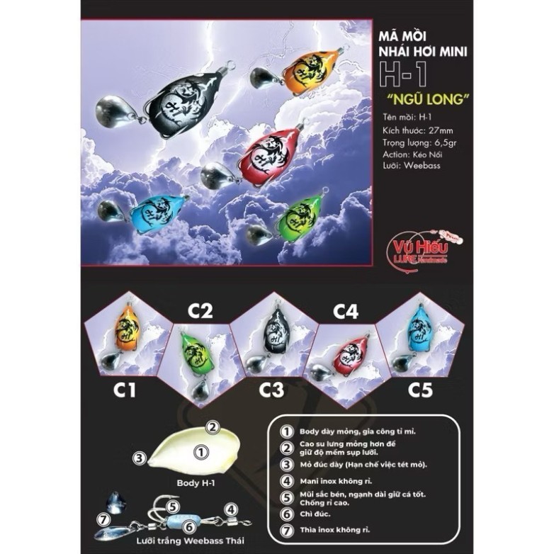 Nhái hơi H1 Ngũ Long [ Vũ Hiếu ] 2.7cm bản lưỡi Weebass Trắng Độ Thailand lưỡi trắng,  dẻo dai, chốn