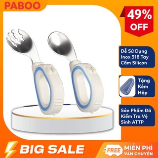 (TTLK) Bộ Thìa nĩa tập ăn cho bé PABOO tay cầm silicon muỗng vòng cong thép không gỉ 316 an toàn cao cấp