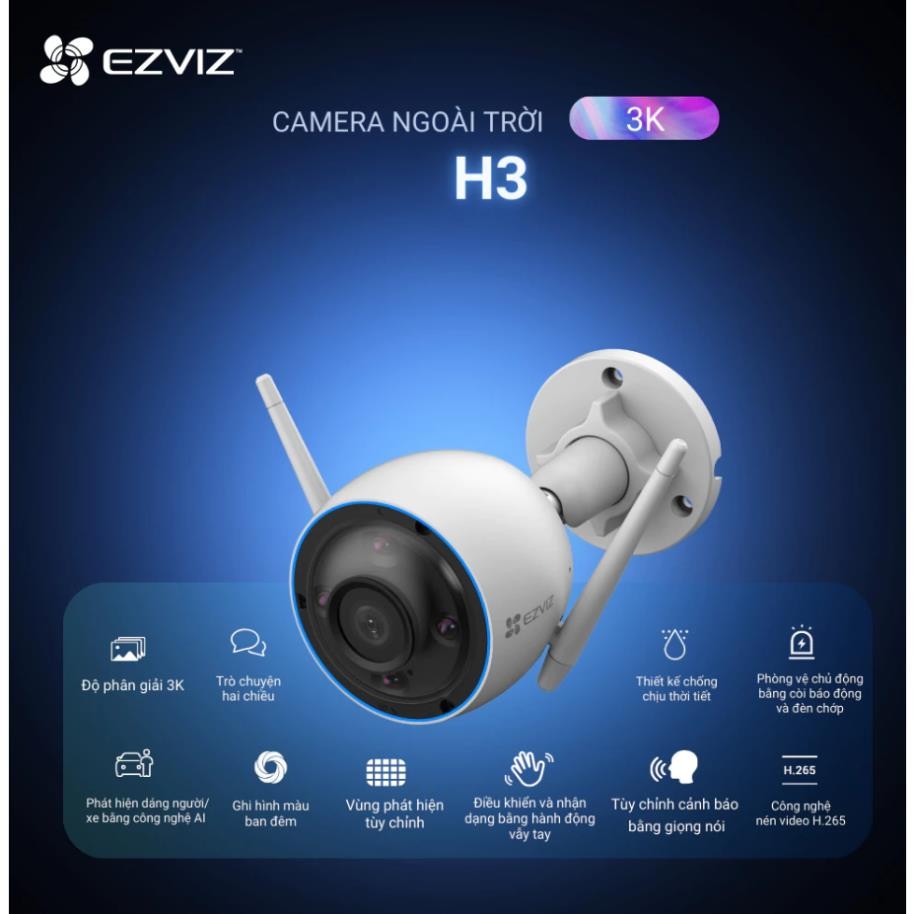 Camera EZVIZ H3 3MP 2K/ 5MP 3K Vẫy Tay Gọi Điện, Ban Đêm Có Màu, Còi Báo Động, AI Thông Minh