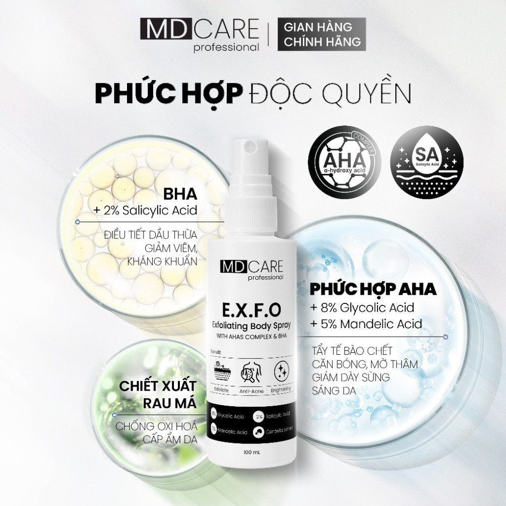 Bộ Ba Sữa Tắm, Xịt Tẩy Tế Bào Chết & Dưỡng Thể Sáng Da, Mờ Thâm MD CARE Chính Hãng