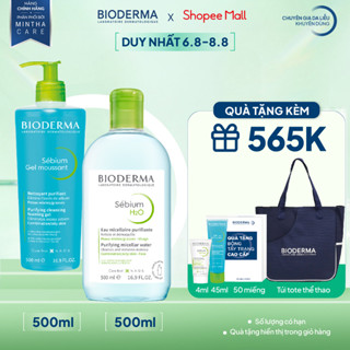 Bộ nước tẩy trang và làm sạch cho da dầu mụn Bioderma Sebium H2O 500ml và Gel rửa mặt 500ml