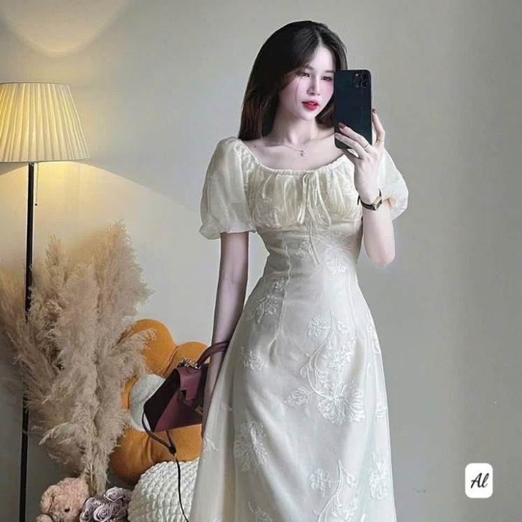 váy dài nhẹ nhàng,váy tơ thêu hoa tay bồng dáng dài xinh mê C425(Z4)