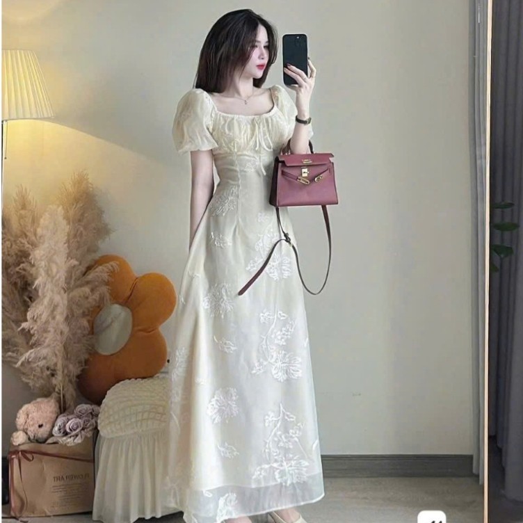 váy dài nhẹ nhàng,váy tơ thêu hoa tay bồng dáng dài xinh mê C425 quynhnhi(z4)