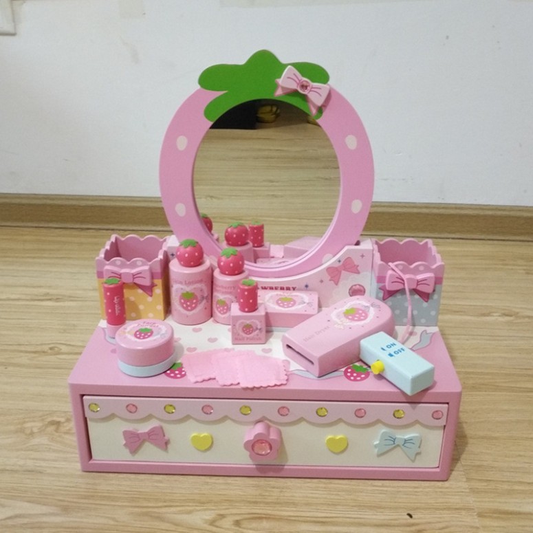New Strawberry Bow Dressing Princess Makeup Table Set Children's Play Home Puzzle Wooden Toy Gift  𝐒