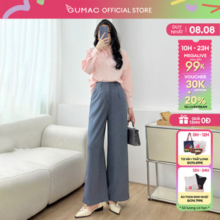Quần tây nữ ống rộng xếp ly cài nút trong kèm dây cột nơ màu xám công sở thời trang GUMAC LQF0503