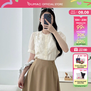 [ĐƠN 399K TẶNG ÁO THUN] Áo sơ mi nữ kiểu tay phồng voan tơ ren họa tiết hoa tay ngắn cổ tròn thời trang GUMAC LAE0825