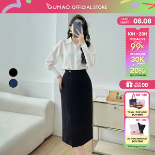 Chân váy nữ công sở bút chì suông đính nút xẻ đắp trước thanh lịch thời trang GUMAC LVE0107