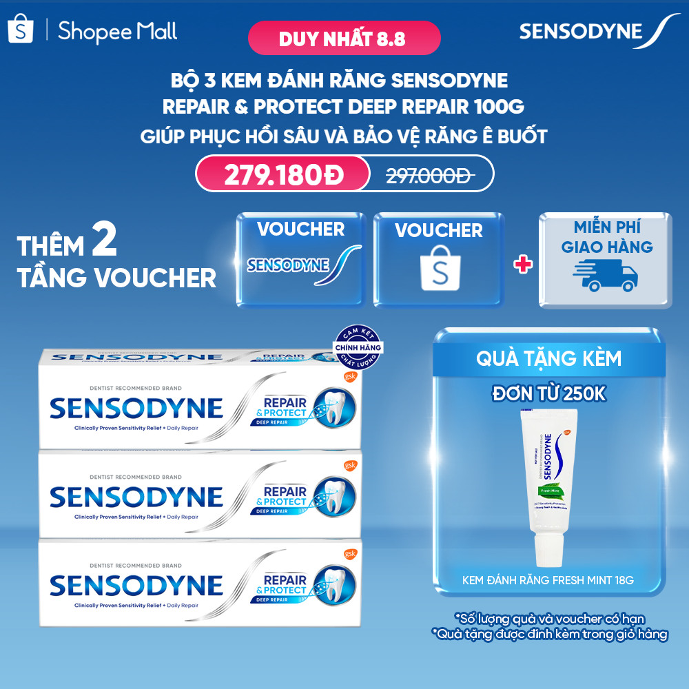 Bộ 3 Kem đánh răng SENSODYNE Repair & Protect Deep Repair 100g giúp phục hồi sâu và bảo vệ răng ê buốt