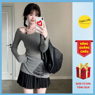 Áo len nữ dài tay trễ vai áo dệt kim rách thiết kế độc lạ chất mongtoghi phong cách cá tính phối đồ sang chảnh M102 T-1