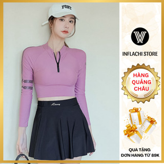 Đồ bơi nữ INFLACHI tay dài croptop hồng phối chân váy đen dáng thể thao che bụng đi biển 6866 C-15